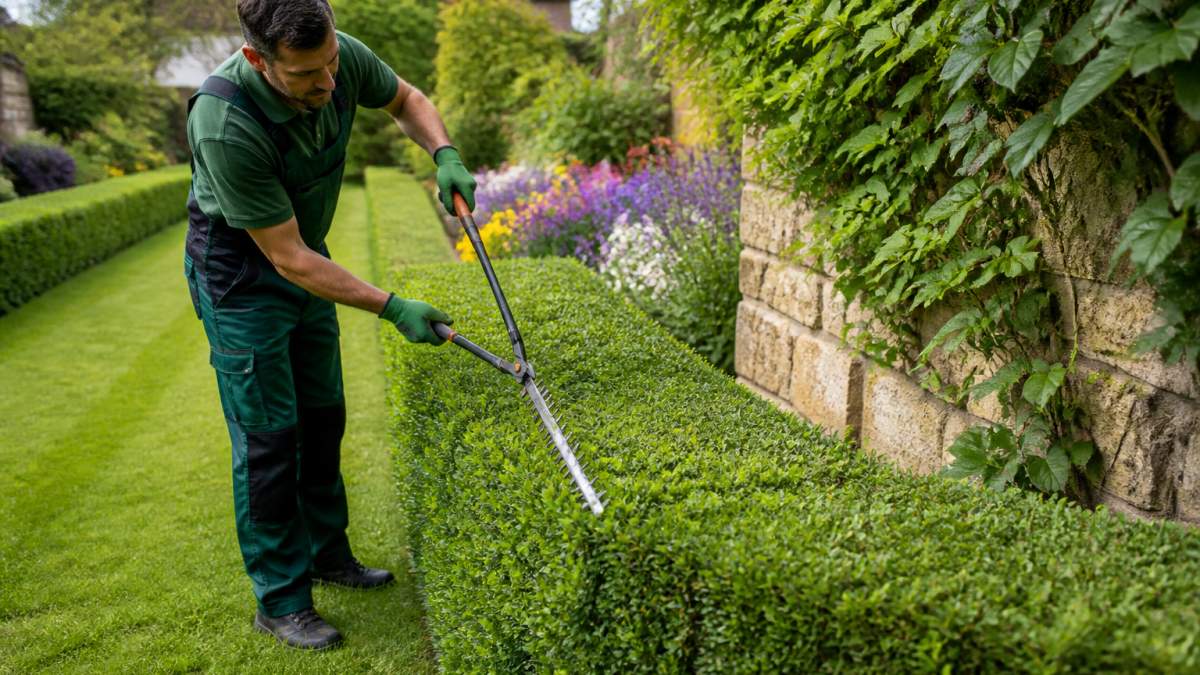Professional gardener trimming hedges with precision tools in a well-maintained garden on a bright morning, with neatly arranged flower beds visible in the background