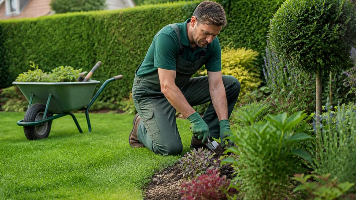 A professional gardener in work clothes tending a well-kept garden border with hand tools, a wheelbarrow and trimmed hedges visible in a bright residential garden setting