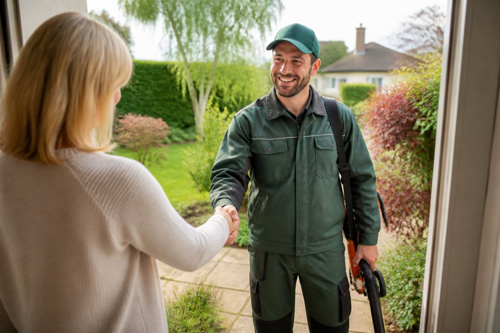 A friendly gardener in work clothes shaking hands with a homeowner at the front door of a house, with a well-kept garden visible in the background, soft morning light
