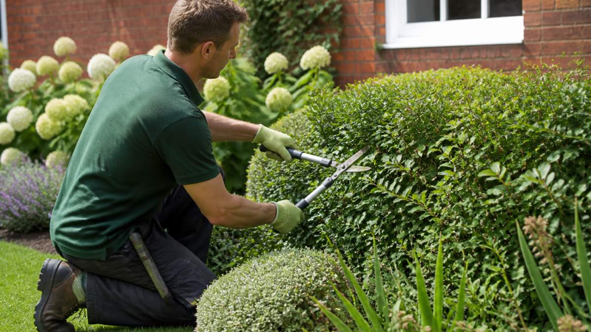 Professional gardener in work gloves trimming hedges and cutting back overgrown plants in a residential garden on a sunny day