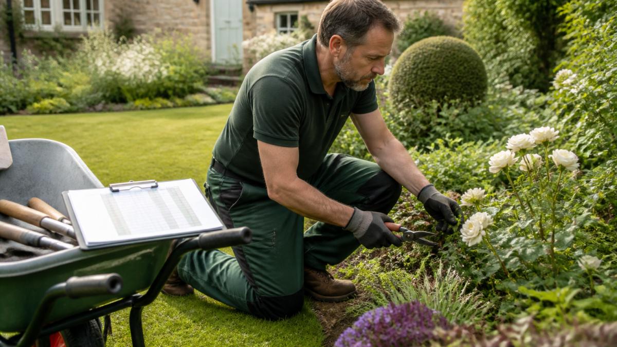 A professional gardener in work clothes kneeling beside a well-maintained flower border, pruning secateurs in hand, with a clipboard showing a seasonal schedule resting on a nearby wheelbarrow in a British garden setting
