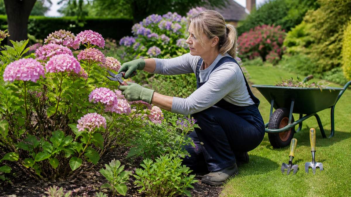A homeowner in gardening gloves pruning a flowering shrub in a well-kept garden, wheelbarrow and hand tools nearby, bright natural daylight