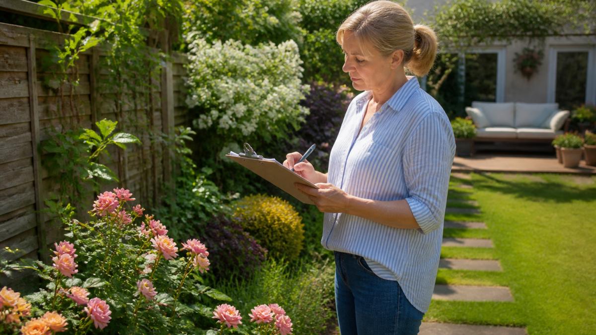 Homeowner with clipboard standing in small tidy garden on a sunny day, reviewing plants and checking maintenance tasks