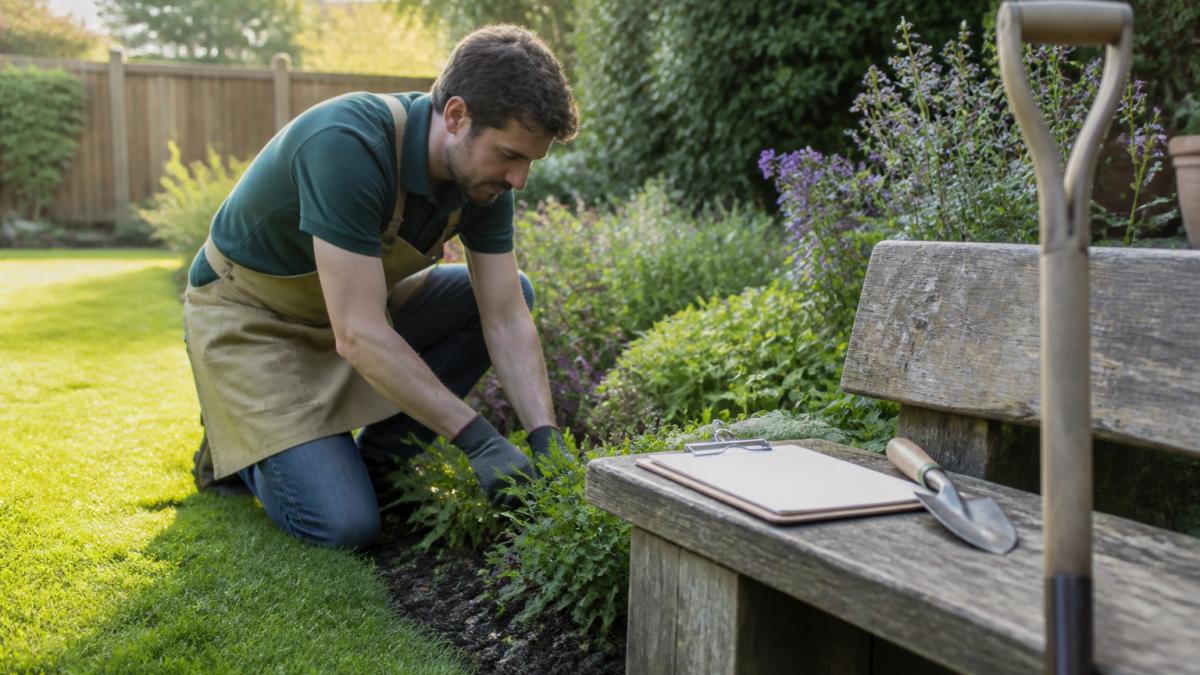 A gardener in gloves and a canvas apron working methodically along a tidy residential garden border, a clipboard with a task list resting on a wooden bench beside a spade and hand trowel, soft morning light