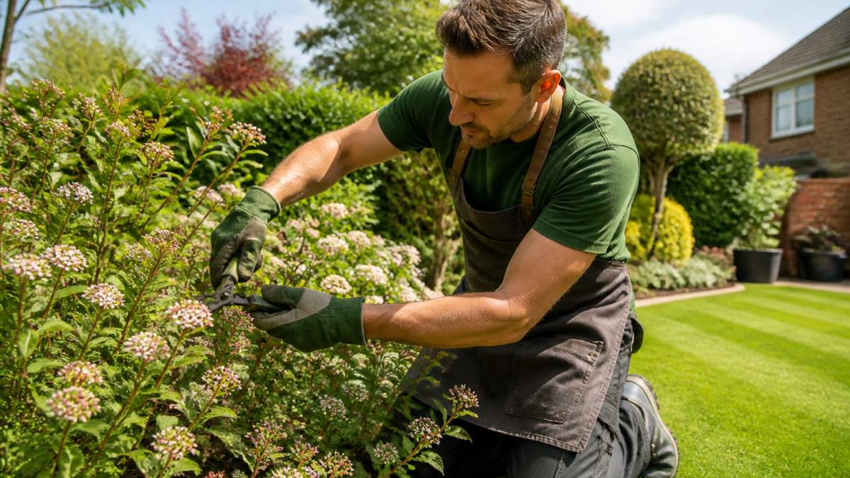 Professional gardener in work gloves and apron pruning flowering shrubs in a residential garden on a bright morning, with neatly edged borders and manicured lawn visible in background