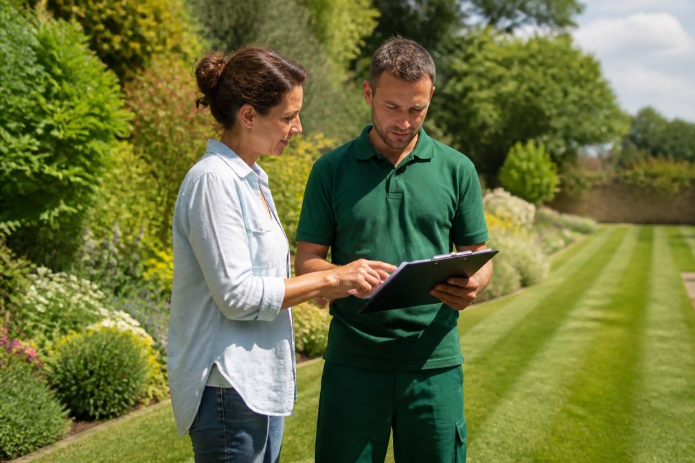 A homeowner and a professional gardener standing in a well-kept garden, reviewing a clipboard together, with flowering borders and a neatly mown lawn in the background