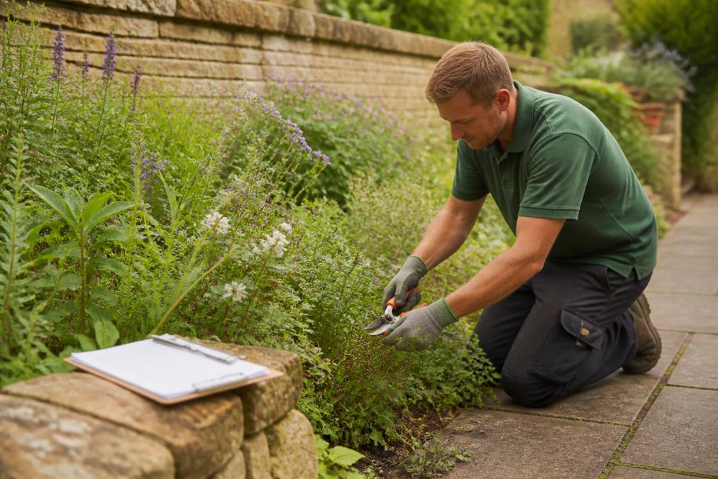A professional gardener in Oxfordshire kneeling beside a flower border, trimming plants with hand shears while a clipboard with a seasonal checklist rests on a nearby stone wall