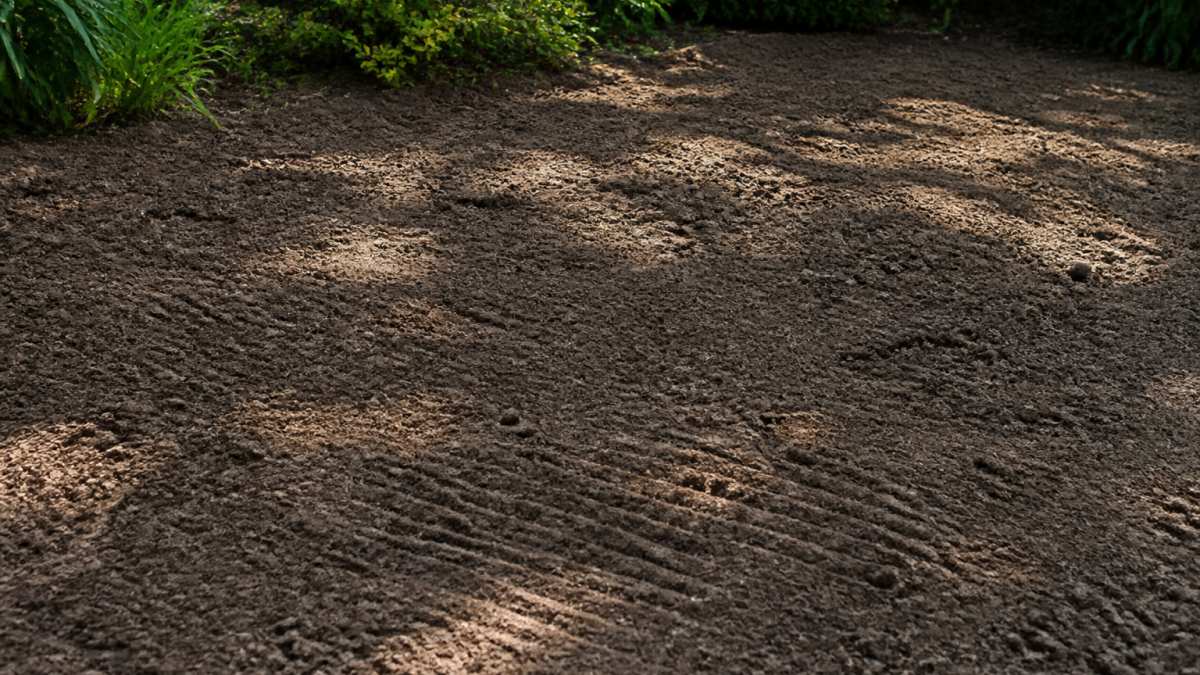 Close-up of freshly prepared bare soil with raked surface ready for wildflower seed sowing, showing exposed earth in dappled sunlight