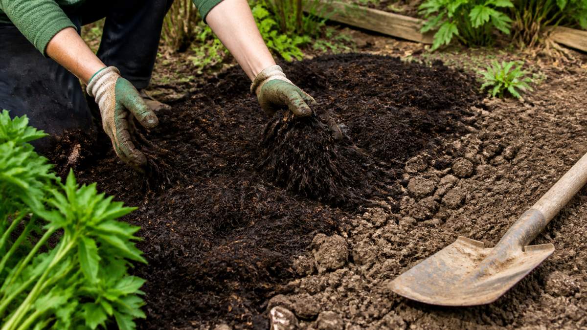 A gardener's hands spreading a thick layer of dark compost over heavy clay soil in a garden bed, with a spade resting nearby and green plants at the edge of the frame