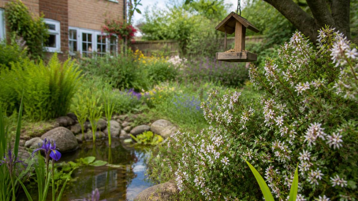 Shallow wildlife pond surrounded by native shrubs and a bird feeder to improve garden biodiversity