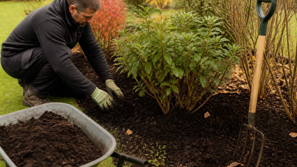 A gardener in gloves spreading dark compost mulch around the base of shrubs in a tidy garden border, with a wheelbarrow and fork nearby on a crisp autumn day