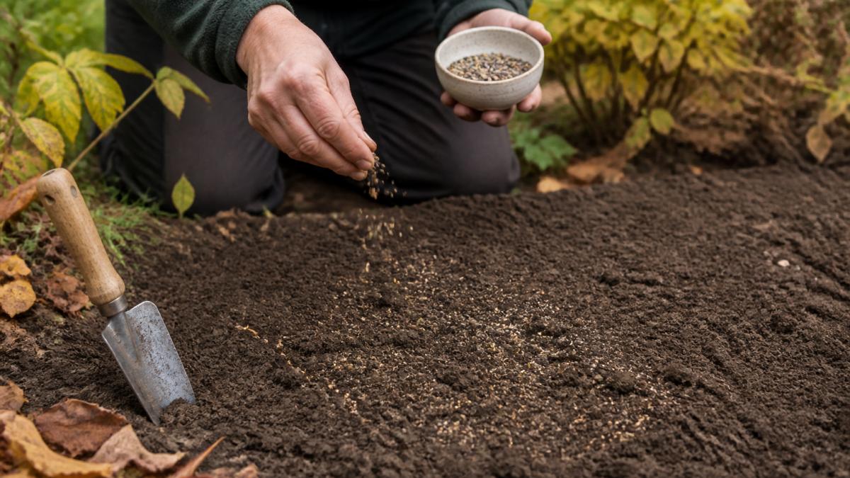 A gardener's hands scattering wildflower seed mix from a small bowl across a freshly raked, bare soil patch in an autumn garden, with fallen leaves and a trowel nearby
