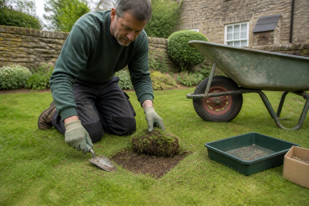 A gardener kneeling on a lawn with a hand trowel, lifting a small square of turf to show the soil beneath, with a wheelbarrow and seed box nearby in a typical Oxfordshire garden