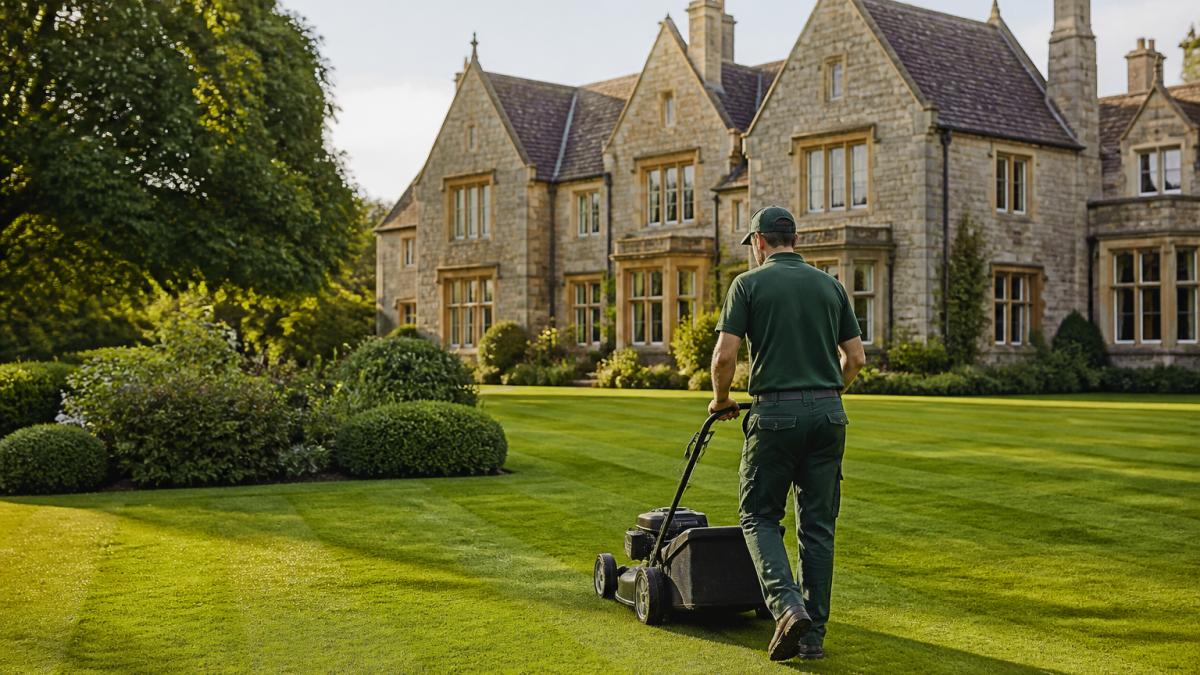 A gardener in work clothes mowing a wide, well-kept lawn in front of a large period house, with mature trees and hedges framing the edge of the grass, soft morning light