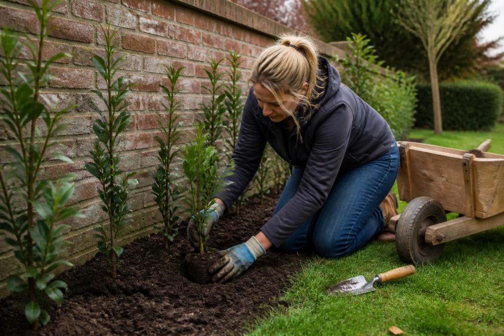 A gardener in work gloves planting a young evergreen hedge sapling along a garden boundary wall, hand trowel and wooden wheelbarrow beside her, soft overcast daylight on a residential lawn
