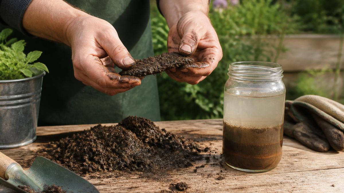 A gardener's hands holding a clump of moist garden soil, squeezing it into a ribbon shape over a wooden garden table, with a glass jar of water and settled soil layers visible nearby in soft daylight
