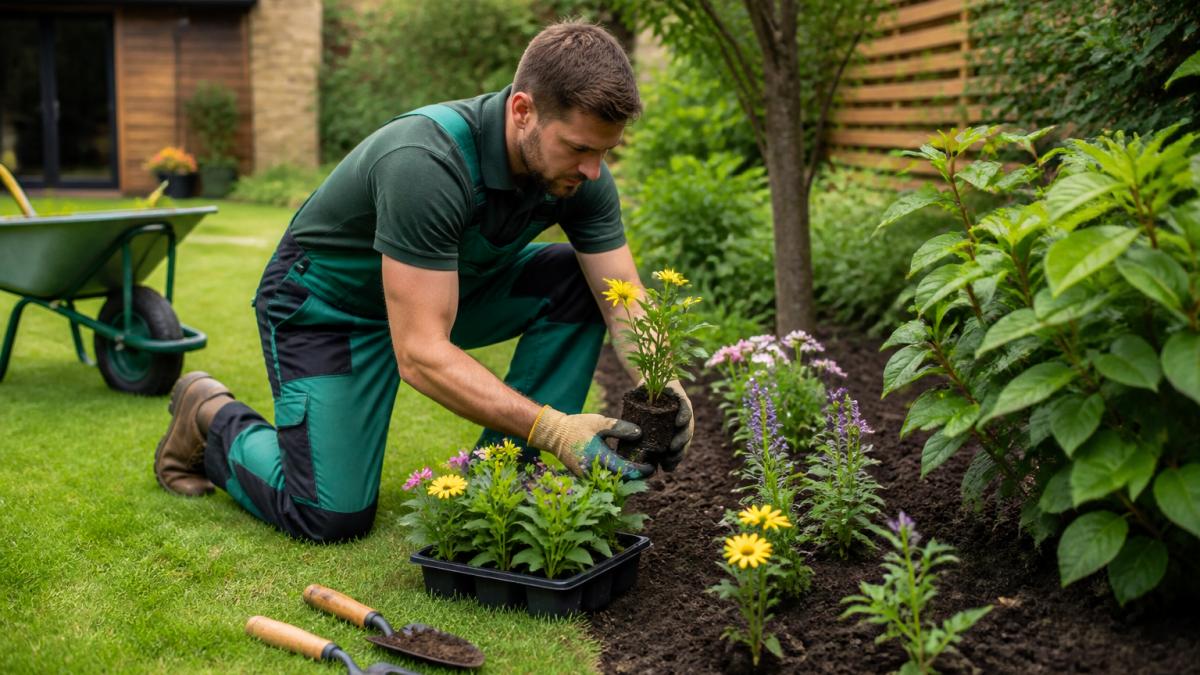 A gardener in work clothes kneeling on a lawn, planting a tray of wildflowers into a freshly prepared border, with a wheelbarrow and hand tools nearby in a tidy residential garden