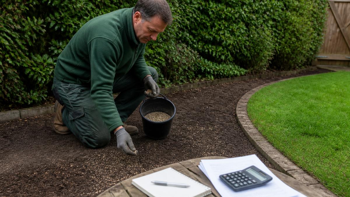 A gardener in work clothes kneeling on bare prepared soil, hand-sowing a wildflower seed mix from a bucket in a British garden bordered by a hedge and lawn edge