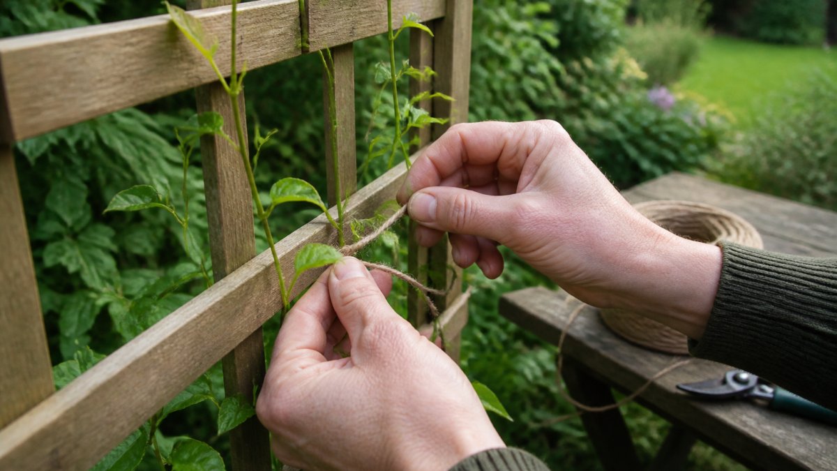 Gardener tying a young climbing plant to wooden privacy trellises with soft twine in a sunlit garden